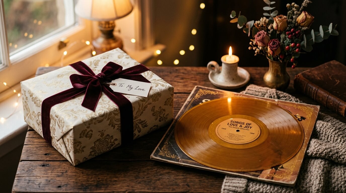 A beautifully wrapped gift box with a vintage vinyl record next to it, warm romantic lighting