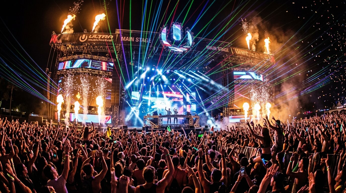 A massive music festival stage with incredible laser lights, large crowd, high energy EDM concert