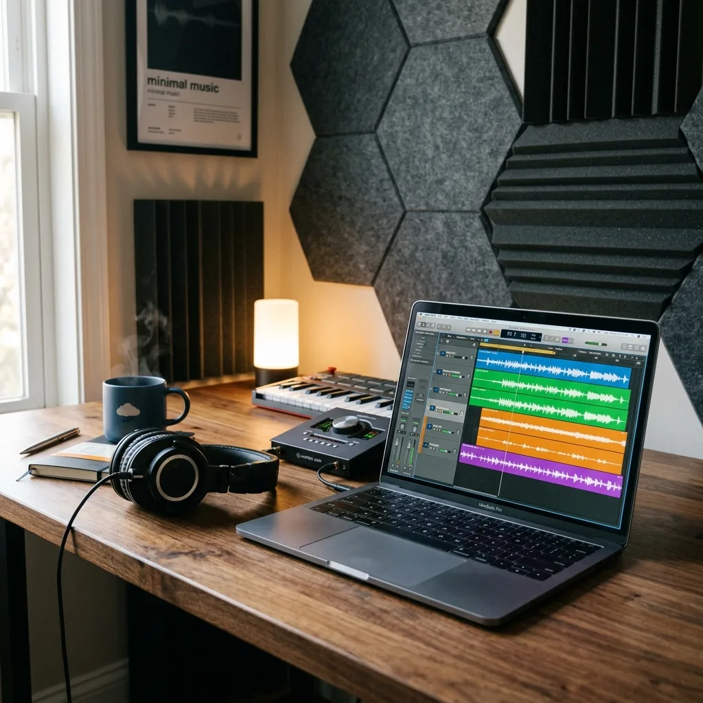Cozy home music studio with laptop displaying audio tracks and zero-cost music generation workflow