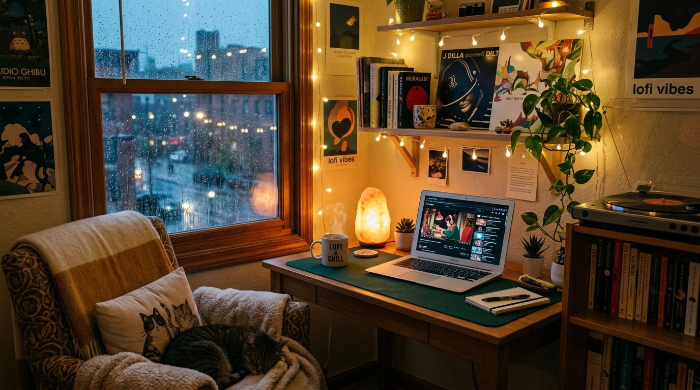A cozy aesthetic room with a laptop on a desk, warm glowing lamp, rainy window in the background