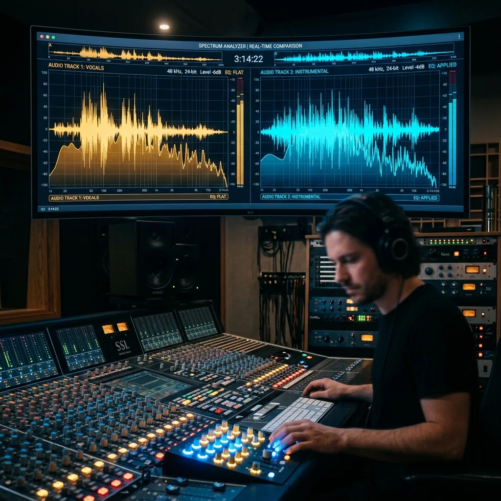 High-tech audio spectrum analyzer comparing vocal tracks and sound synthesis waveforms side by side