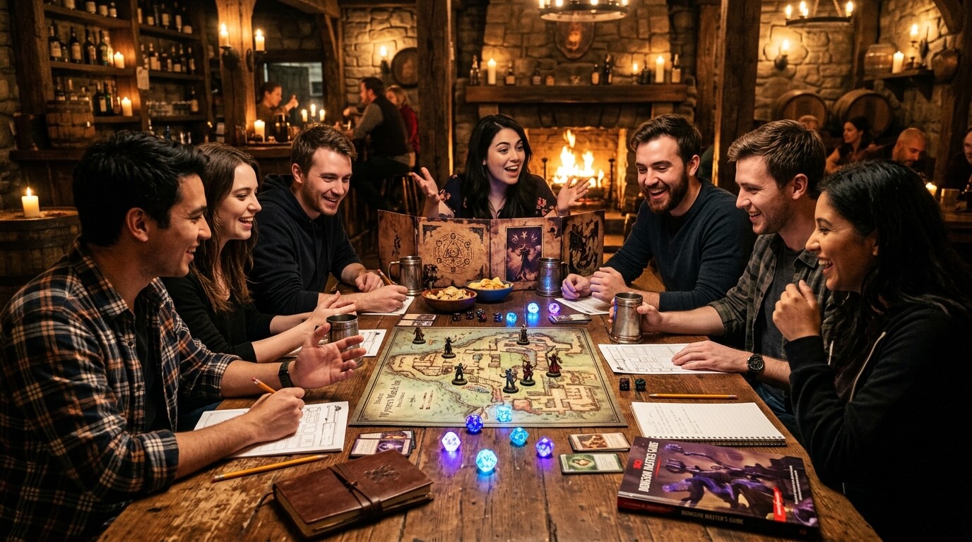 A group of friends playing Dungeons and Dragons around a wooden table, glowing dice, fantasy tavern ambiance