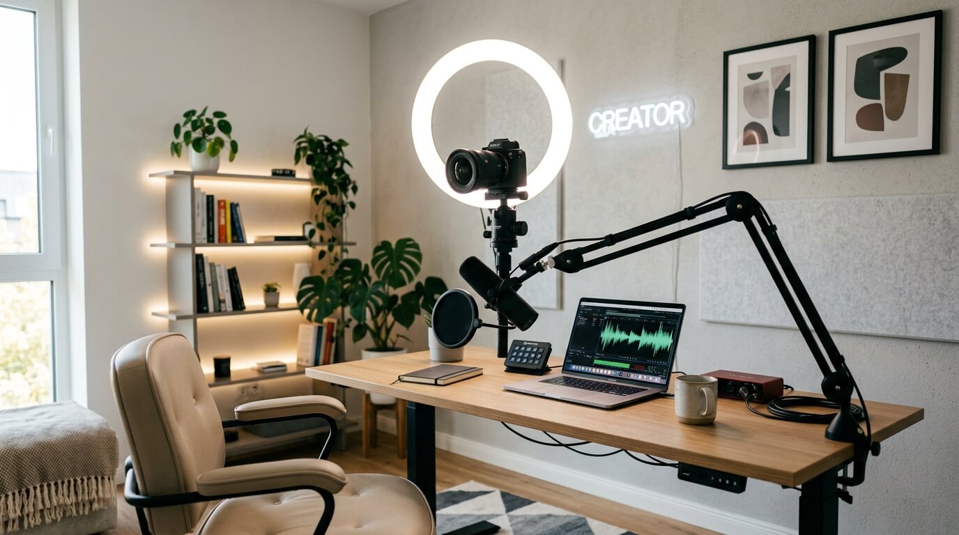 A professional YouTube creator studio setup with a camera, microphone, and ring light